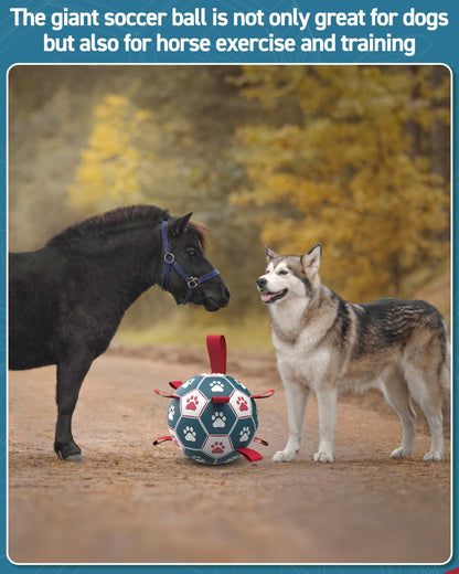 QDAN Dog Soccer Ball with Straps - 10 Inch Durable Outdoor Toy for Fetch, Tug & Training