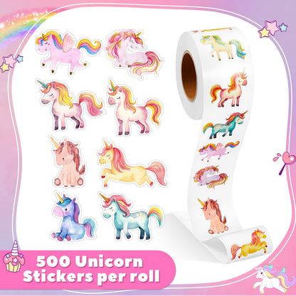 Qeeenar Unicorn Stickers Roll – 500 Pcs, Watercolor Designs, Rewards & Crafts