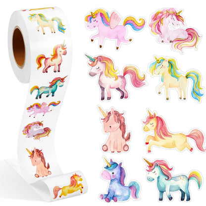 Qeeenar Unicorn Stickers Roll – 500 Pcs, Watercolor Designs, Rewards & Crafts