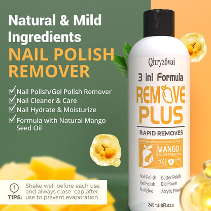 Qhryzoval Acetone Nail Polish Remover – 8 oz Mango Oil, 3-in-1 Gel Polish & Acrylic Remover
