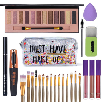QiBest All-in-One Makeup Set – 12-Color Eyeshadow Palette, Mascara, Eyeliner, Matte Lipstick & Brush Kit