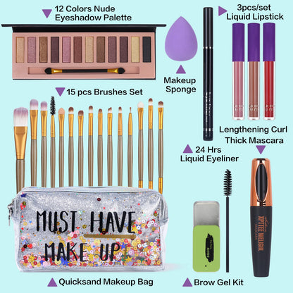 QiBest All-in-One Makeup Set – 12-Color Eyeshadow Palette, Mascara, Eyeliner, Matte Lipstick & Brush Kit