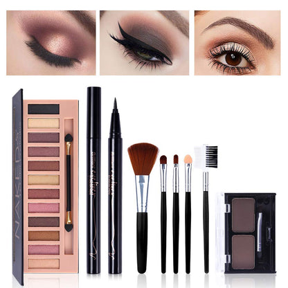 QiBest All-in-One Makeup Kit: 12-Nude Shadow Palette, Waterproof Eyeliner, Brow Powder & 5 Brushes