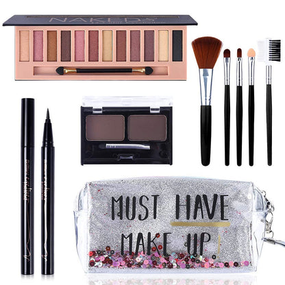 QiBest All-in-One Makeup Kit: 12-Nude Shadow Palette, Waterproof Eyeliner, Brow Powder & 5 Brushes