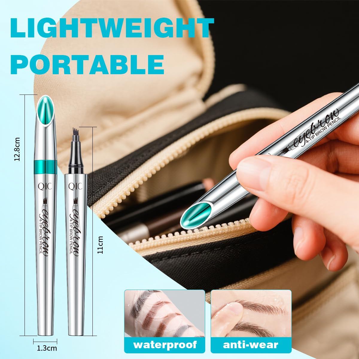 QIC Eyebrow Pencil with 4-Tip Microblade – Waterproof, Smudge-Proof, Dark Brown 2#