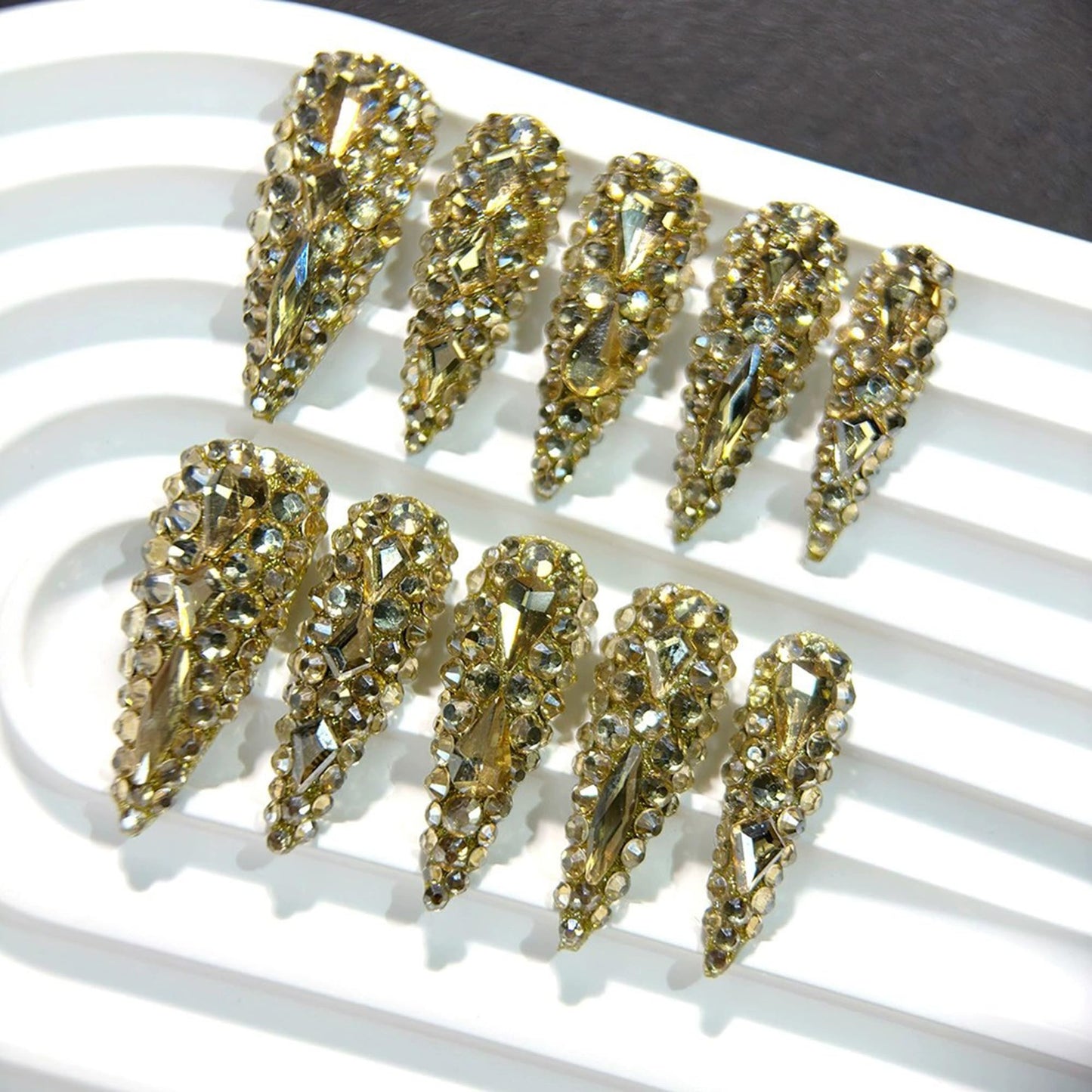 Qicaijia Almond Press-On Nails – Long Gold Rhinestones, 10Pcs (Size M) Luxury Full Cover