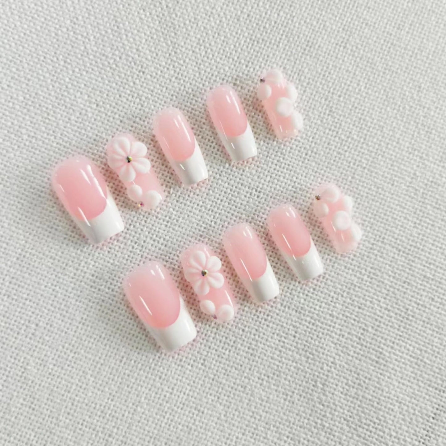 Qicaijia Luxury Press-On Nails – Medium Square, 3D Flower Embossed, White French Tip, 10Pcs (Size M)