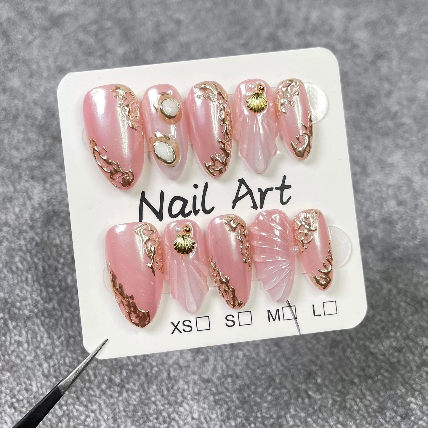 Qicaijia Handmade Short Pink Almond Press-On Nails – 10Pcs Size M, Reusable with 3D Ocean Shell Embossed Design