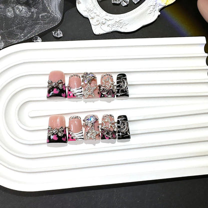 Qicaijia Handmade Short Duck Press-On Nails - Black French Tip, 10 Pcs (Size M)