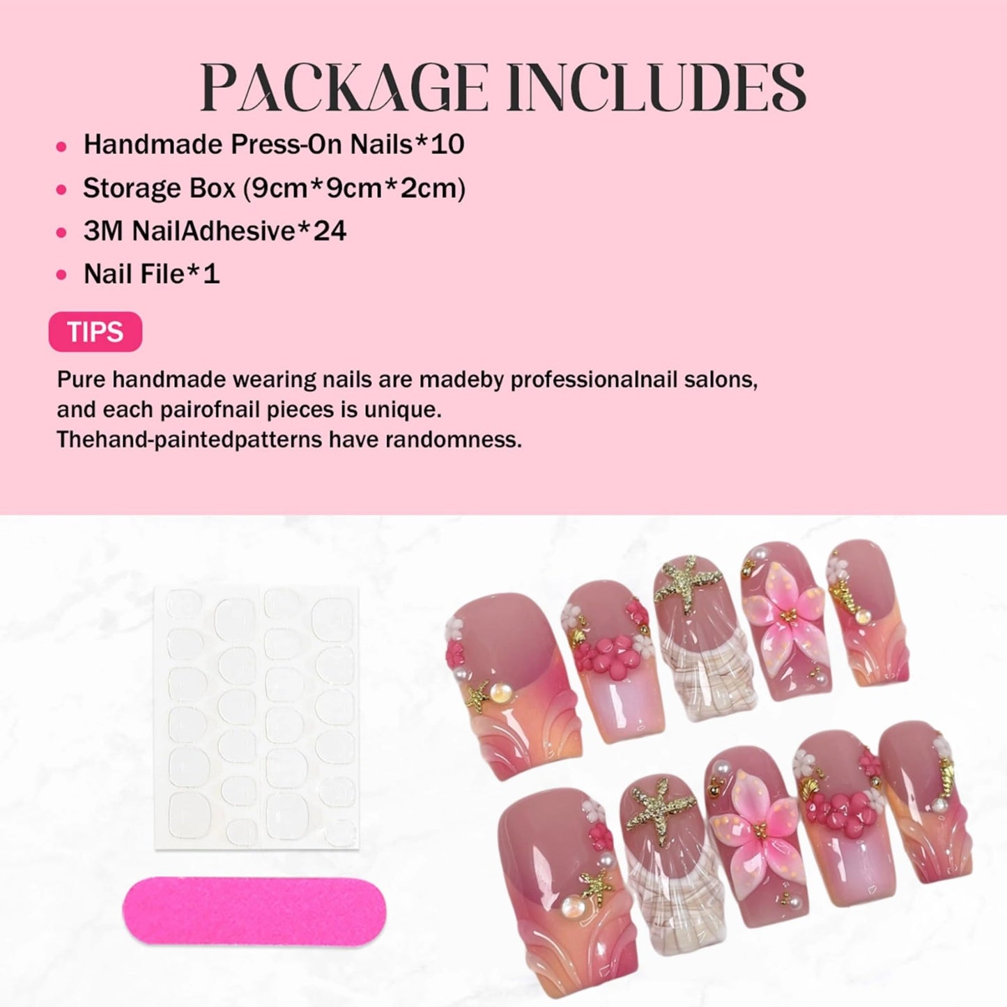 Qicaijia Medium Square Press-On Nails – 3D Flower, Shell Starfish Design, Full Cover