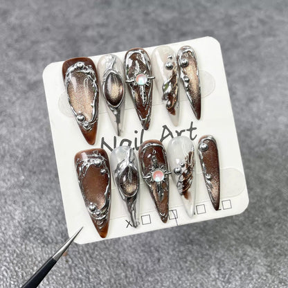 Qicaijia Handmade Long Press-On Nails — Brown Cat's Eye Full-Cover Glossy Almond Nails (10 Pcs, Size M)