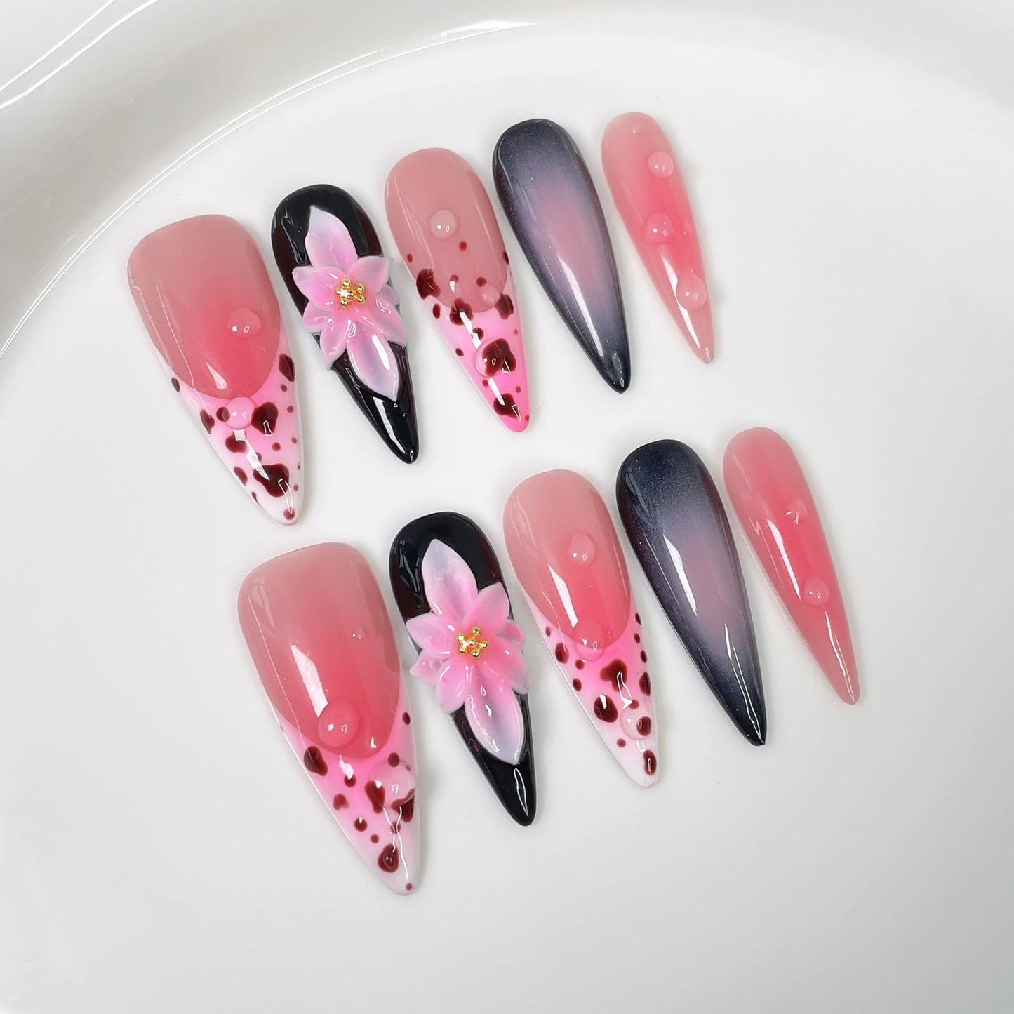 Qicaijia Handmade Almond Press On Nails – Pink Ombre French Tip with 3D Flowers (10Pcs, Size M)