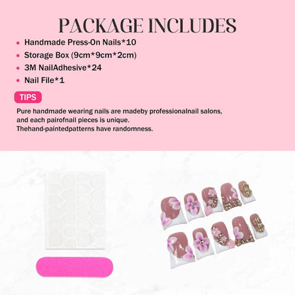 Qicaijia 10Pcs Duck Design Press-On Nails – White French Tips, 3D Flower Art, Reusable (Size M)