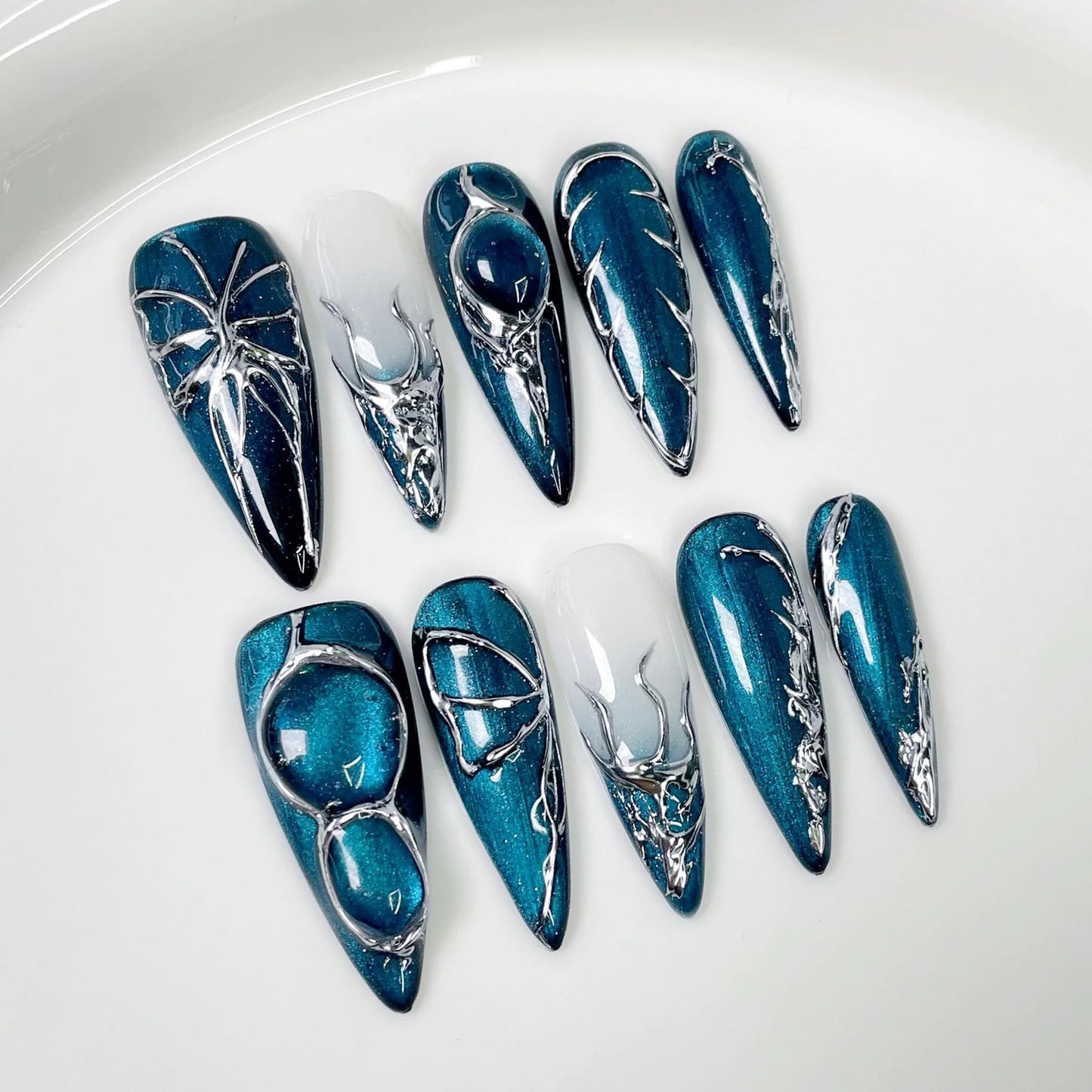Qicaijia Handmade Long Press On Nails – Blue Cat's Eye Almond Full Cover (10Pcs, Size M)