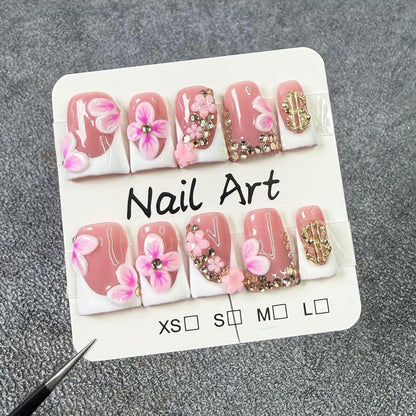 Qicaijia 10Pcs Duck Design Press-On Nails – White French Tips, 3D Flower Art, Reusable (Size M)