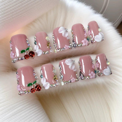 Qicaijia Pink Handmade Duck Nail Set – 10Pcs Press-On Nails with Glue and Sparkling Tips