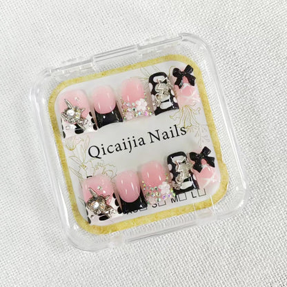 Qicaijia Handmade Duck Press On Nails – Black French Tip with 3D Bow Rhinestones (Medium, 10Pcs)