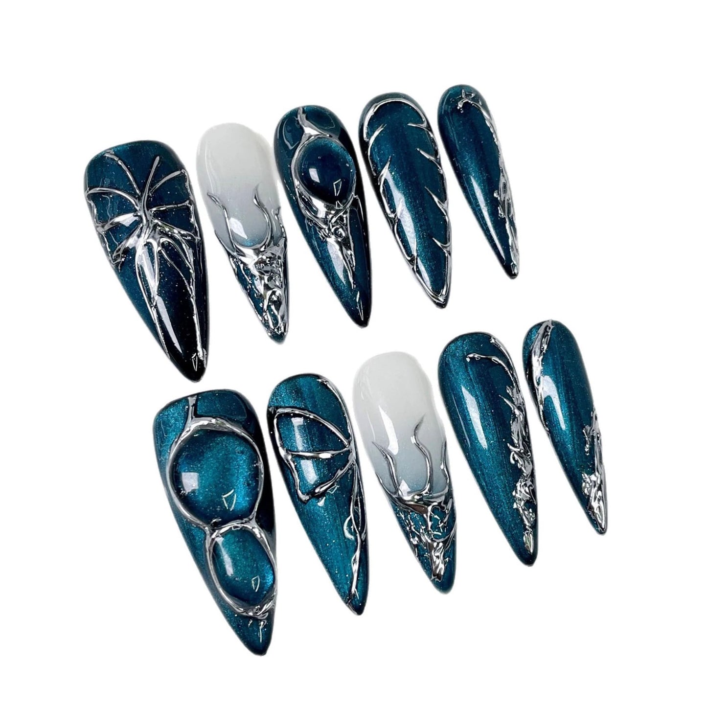 Qicaijia Handmade Long Press On Nails – Blue Cat's Eye Almond Full Cover (10Pcs, Size M)