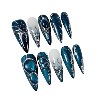 Qicaijia Handmade Long Press On Nails – Blue Cat's Eye Almond Full Cover (10Pcs, Size M)