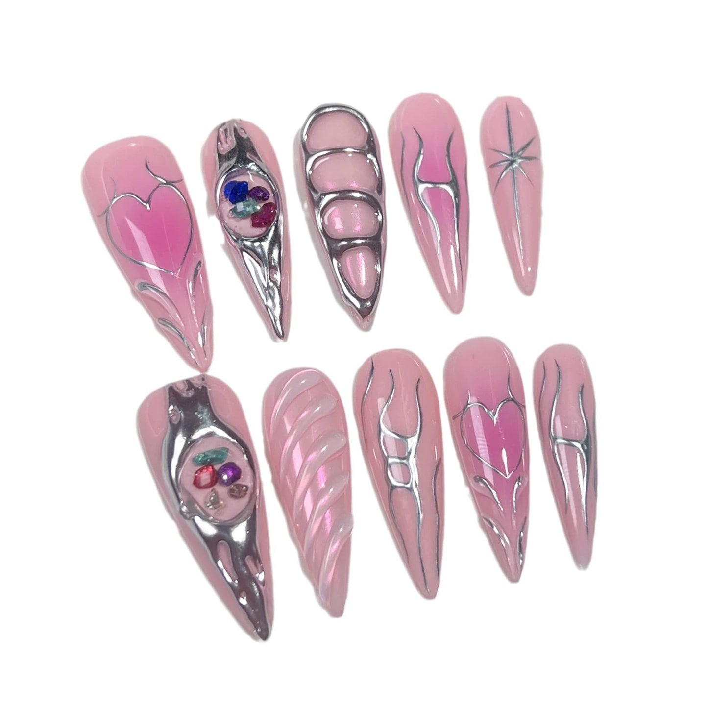 Qicaijia 10Pcs Long Press On Nails – Pink Almond Ombre, Reusable Full Cover
