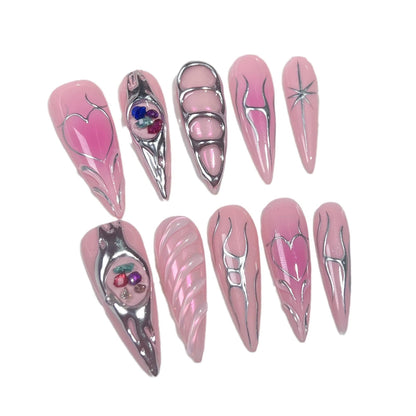 Qicaijia 10Pcs Long Press On Nails – Pink Almond Ombre, Reusable Full Cover