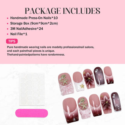 Qicaijia 10Pcs Square Press-On Nails – Medium, Handmade 3D Flower, Shell & Starfish Design