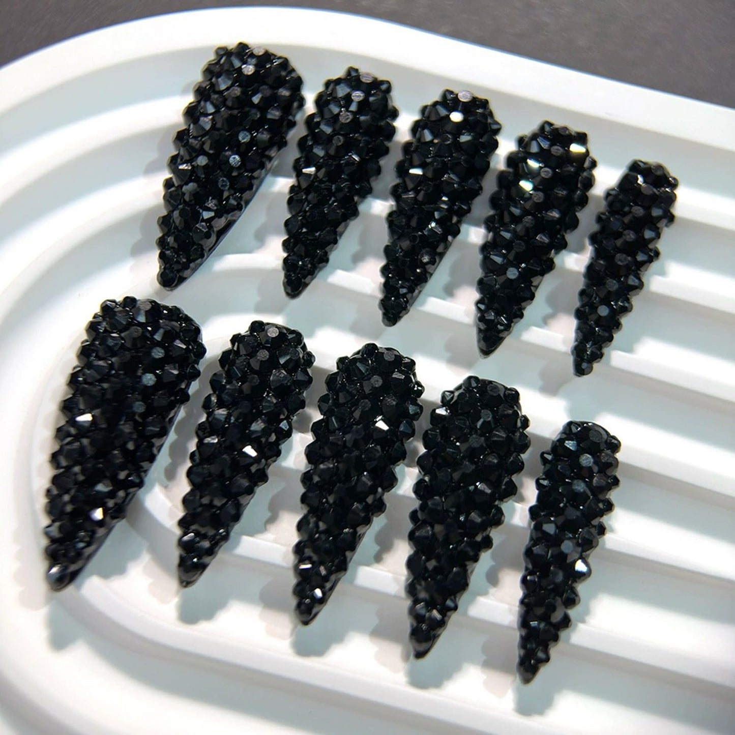 Qicaijia Almond Press On Nails – Long Black Rhinestones, Luxury Full Cover 3D Nail Art (10 Pcs, Size M)