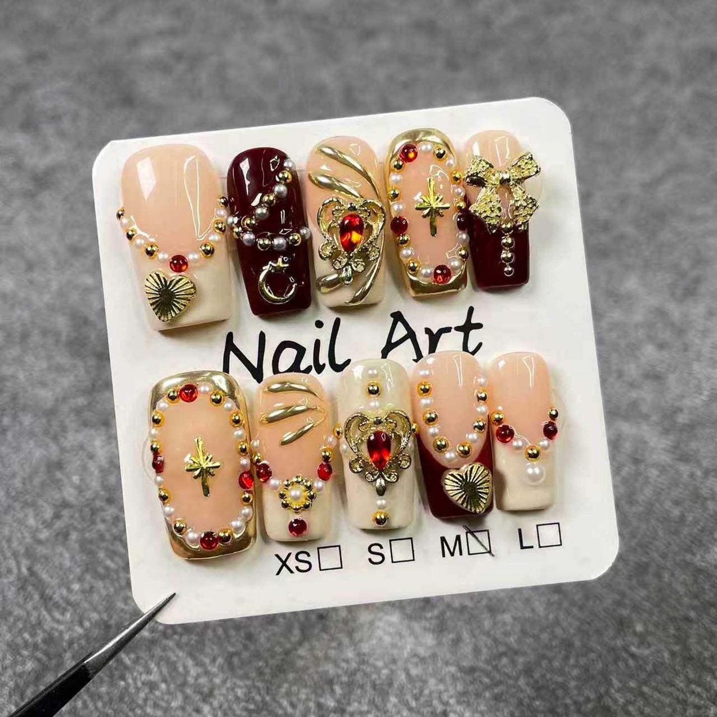 Qicaijia 10Pcs Size M Medium Square Handmade Press-On Nails | Luxury Egyptian Palace Relief with Gold Charms