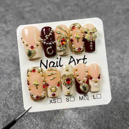 Qicaijia 10Pcs Size M Medium Square Handmade Press-On Nails | Luxury Egyptian Palace Relief with Gold Charms