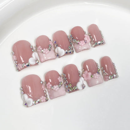 Qicaijia 10Pcs Handmade Press-On Nails – Short Square 3D Flower, Size M