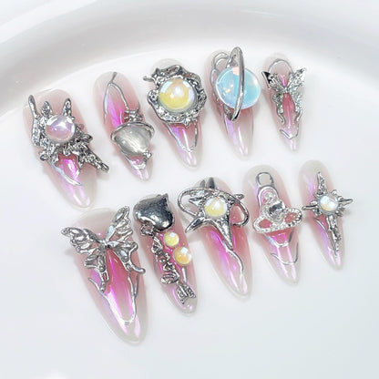 Qicaijia Handmade Press On Nails – Long Almond, 3D Metallic Butterfly, Pink Ombre (10Pcs, Size M)