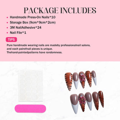 Qicaijia White French Tip Nails – Long Almond Press-On Nails with Leopard 3D Flower (10 Pcs, Size M)