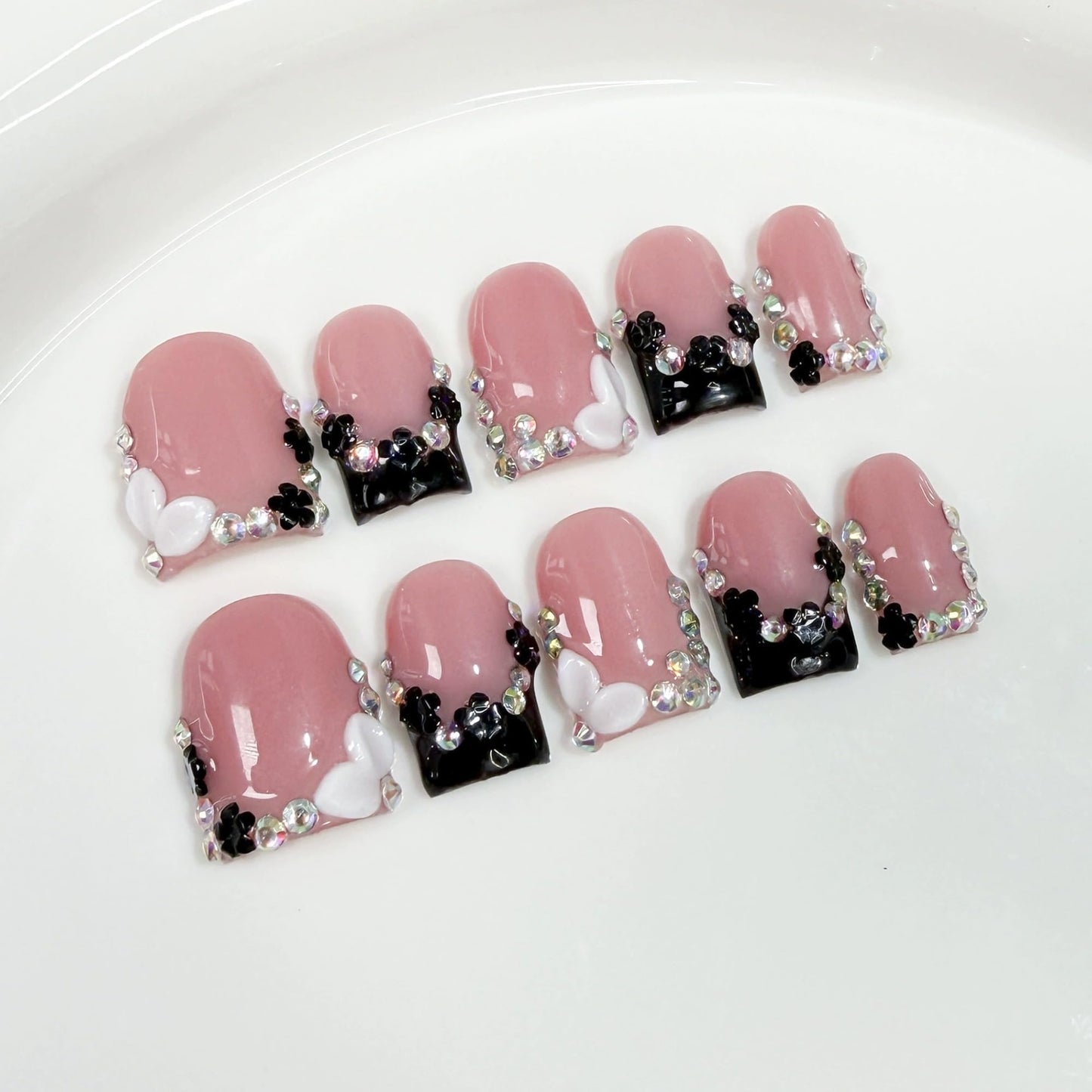 Qicaijia Handmade Press-On Nails – Short Square Black French Tip, 3D Floral Rhinestones (10pc, Size M)