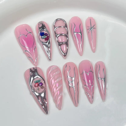 Qicaijia 10Pcs Long Press On Nails – Pink Almond Ombre, Reusable Full Cover