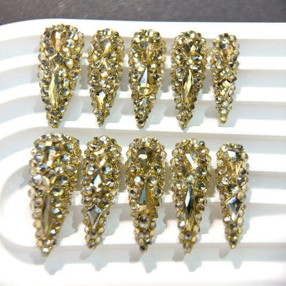 Qicaijia Almond Press-On Nails – Long Gold Rhinestones, 10Pcs (Size M) Luxury Full Cover