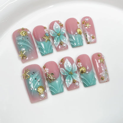 Qicaijia Luxury Handmade Press-On Nails – Blue French Ombre with 3D Flower Art, Size M, 10 Pcs