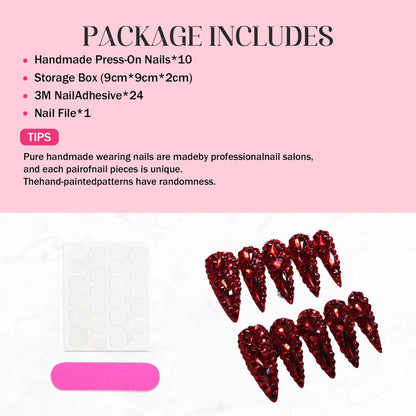 Qicaijia Long Almond Press-On Nails – Sparkly Red Rhinestones, Full-Cover False Nails (10Pcs, Size M)