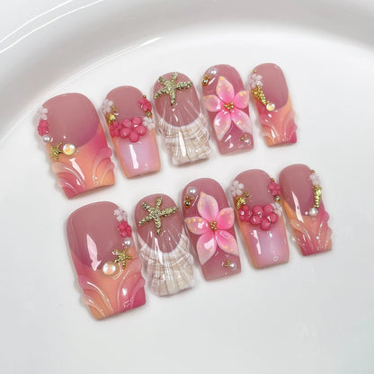 Qicaijia Medium Square Press-On Nails – 3D Flower, Shell Starfish Design, Full Cover