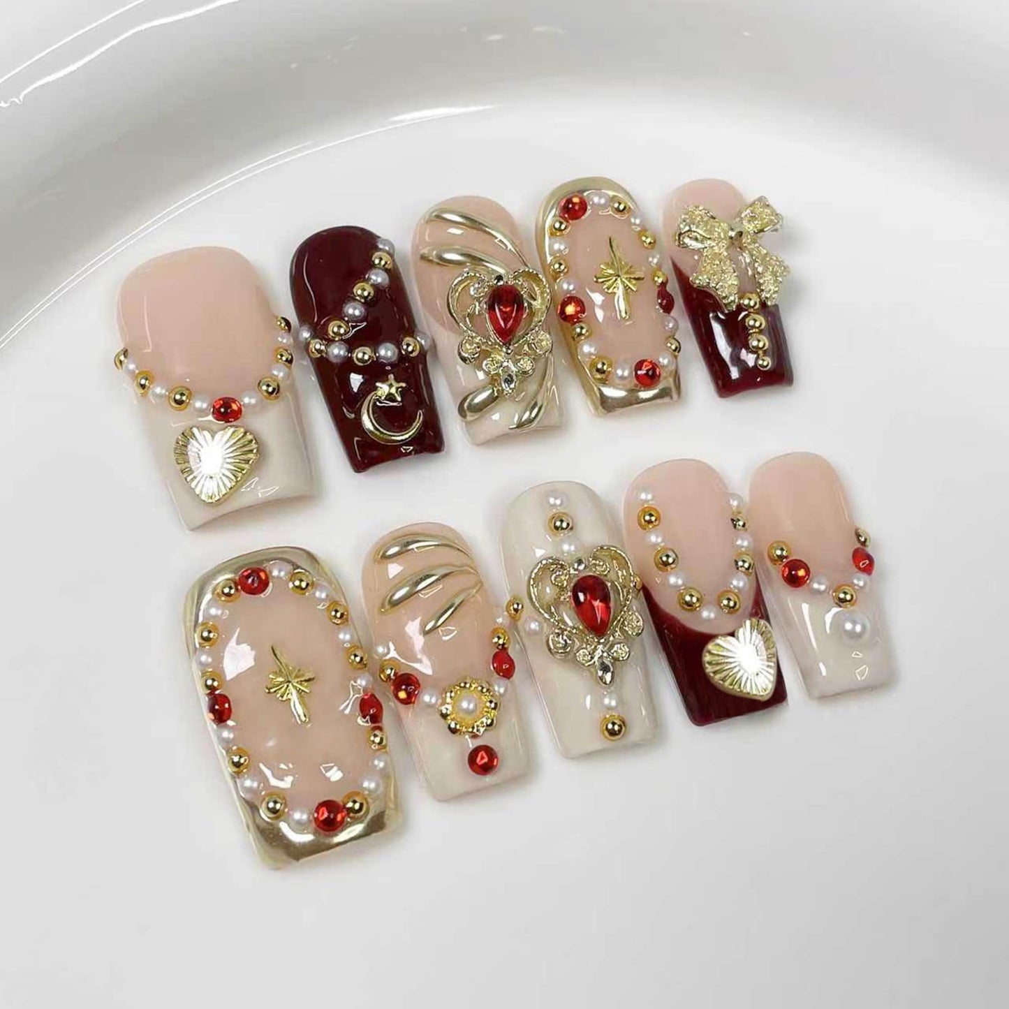 Qicaijia 10Pcs Size M Medium Square Handmade Press-On Nails | Luxury Egyptian Palace Relief with Gold Charms