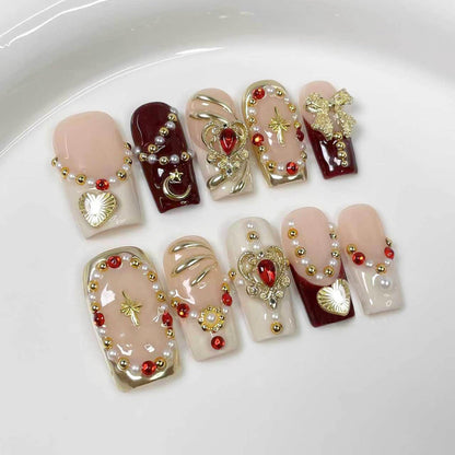 Qicaijia 10Pcs Size M Medium Square Handmade Press-On Nails | Luxury Egyptian Palace Relief with Gold Charms