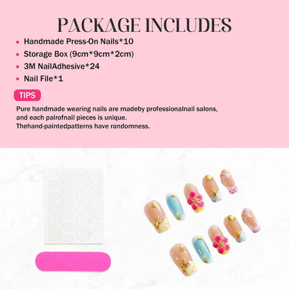 Qicaijia Handmade Medium Press On Nails – 3D Flower, Luxury French Tip, Size M (10Pcs)