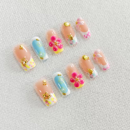Qicaijia Handmade Medium Press On Nails – 3D Flower, Luxury French Tip, Size M (10Pcs)