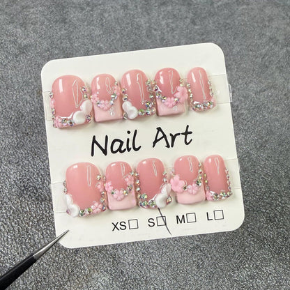Qicaijia 10Pcs Handmade Press-On Nails – Short Square 3D Flower, Size M
