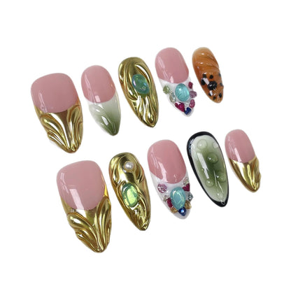 Qicaijia Almond Press-On Nails – Short, 3D Rhinestones, Gold Sparkle, Size M