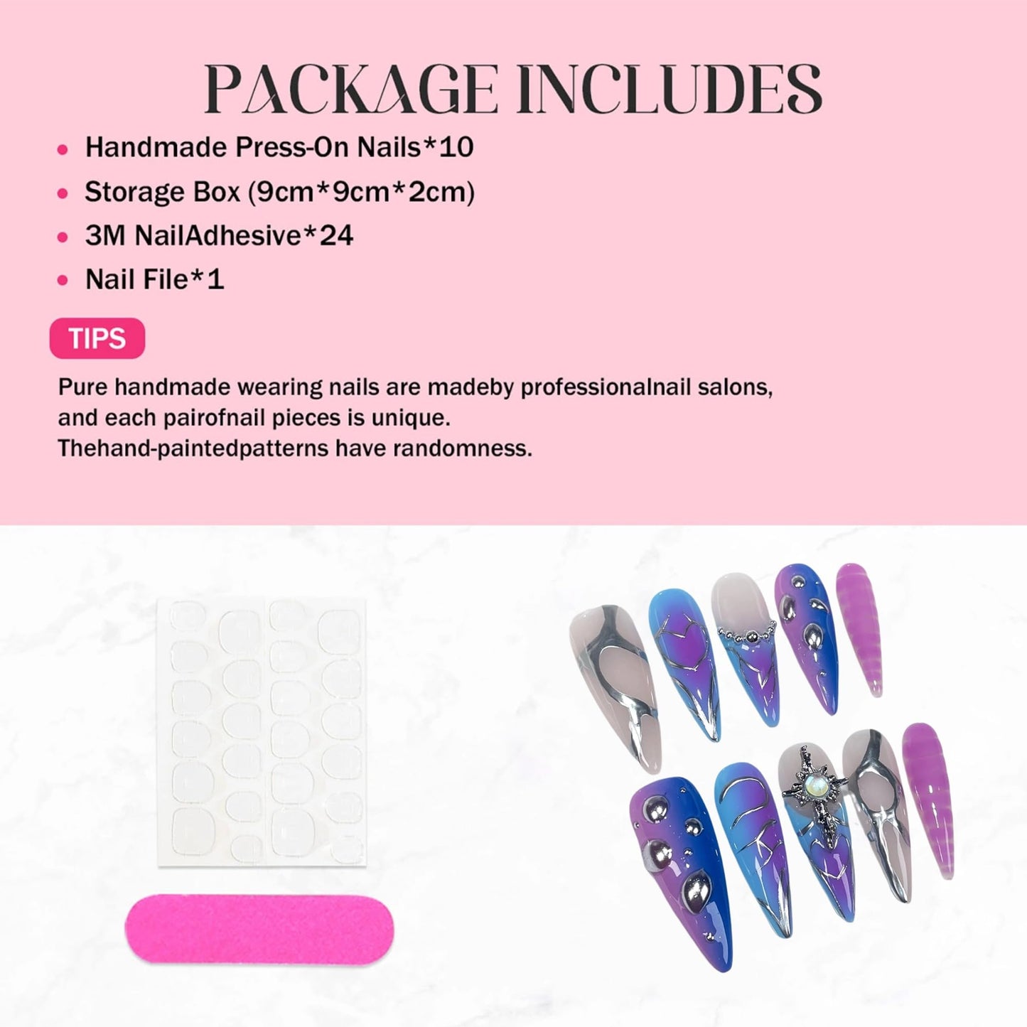 Qicaijia 10Pcs Blue Handmade Almond Press-On Nails – Ombre 3D Swirl Charms
