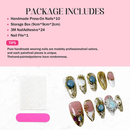 Qicaijia Handmade Almond Nails – White French Tip Short Press-On with Gold Embossed 3D Swirls & Charms