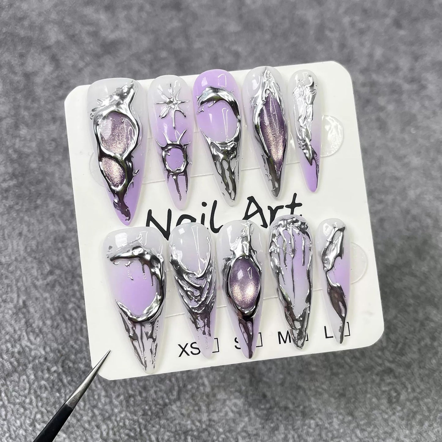 Qicaijia Purple Gradient Press On Nails – Almond Long, 3D Cat’s Eye (10Pcs)