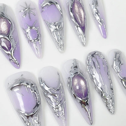 Qicaijia Purple Gradient Press On Nails – Almond Long, 3D Cat’s Eye (10Pcs)