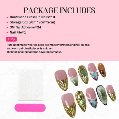 Qicaijia Almond Press-On Nails – Short, 3D Rhinestones, Gold Sparkle, Size M