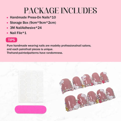 Qicaijia 10Pcs Luxury Handmade Press-On Nails – Short Square 3D Floral (Size M)